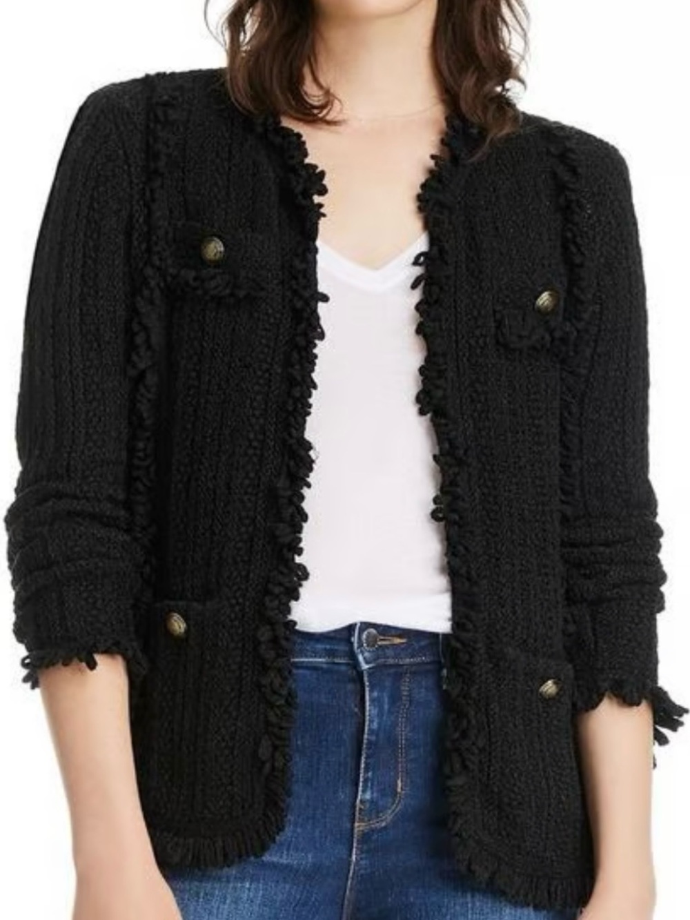 Aqua Black Bouclé Fringe Open-Front Cardigan NWT SZ L